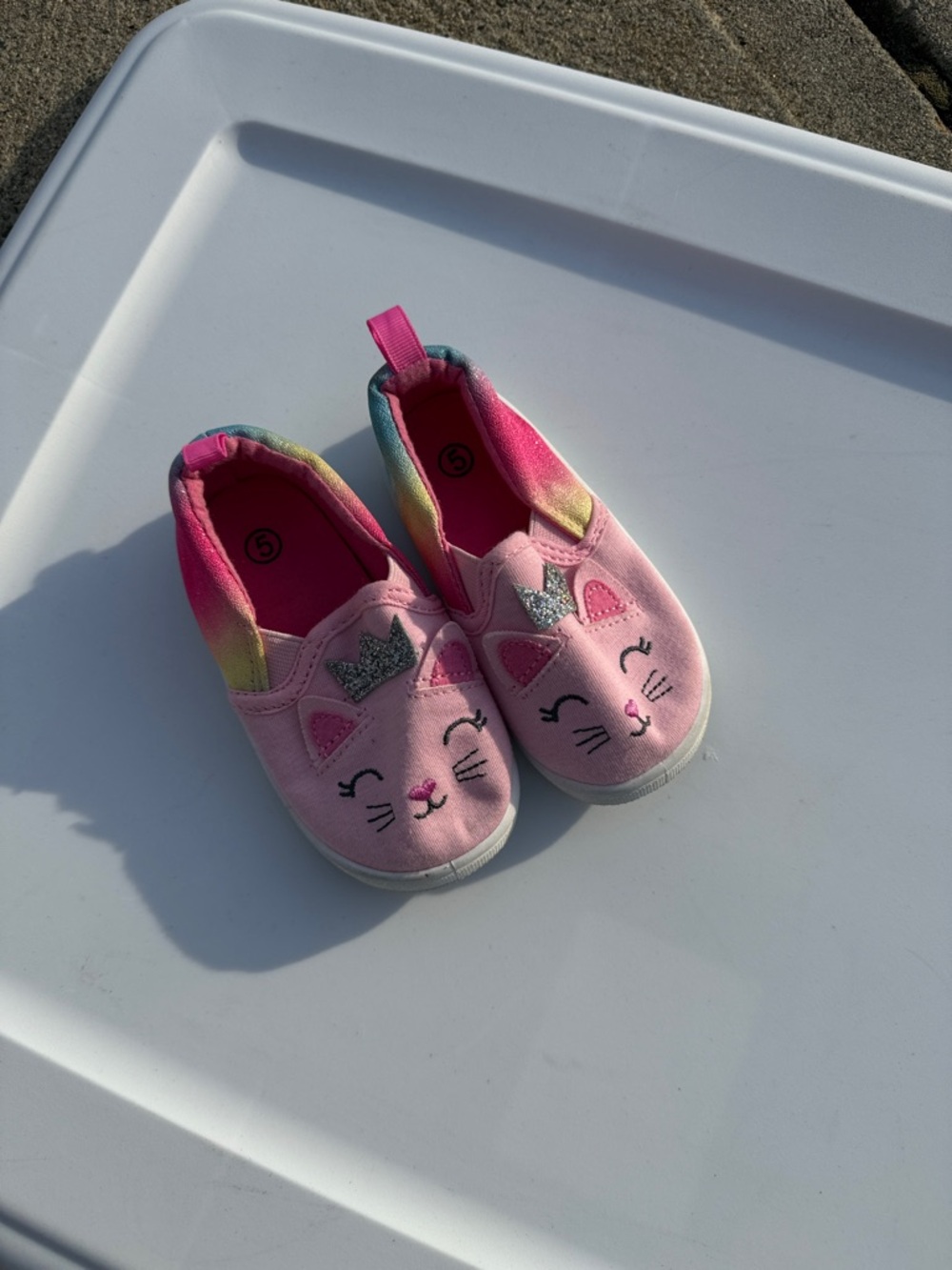 Girls' Pink Cat Slip-On Sneakers with Rainbow Trim